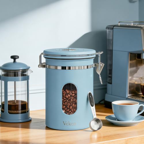 Veken Coffee Canister with Window, Airtight Stainless Steel Container, 22OZ - color: Light Blue, size: 22 oz