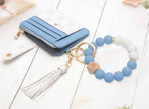 COOLANS Silicone Bracelet Wristlet Wallet Credit Card Holder RFID ID Window Key Ring Tassel Slim Wallet Women Keychain Purse - color: Blue White