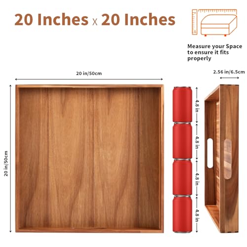 Serving Tray with Handles, 20 Inch Large Square Ottoman Tray Acacia Wood Decorative Tray for Living Room, Ottoman Coffee Table, Kitchen, Appetizers, Breakfast, Patio, Party - color: Square Tray -20 Inch