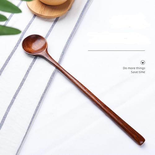 Long Soup Spoons, 11In Korean Style Natural Wood Long Handle Round Spoons - size: 11 inches