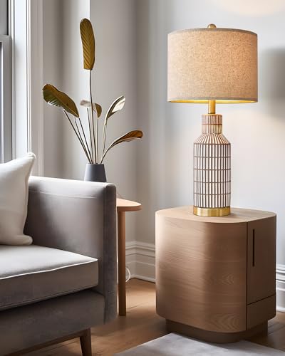 USumkky 25" Table Lamps Set of 2, Modern Ceramic Bedside Lamps - Farmhouse Brown Nightstand Lamps for Bedroom, Boho Living Room End Table & Office Desk Decor - color: Brown White