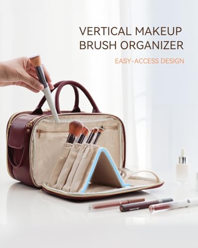 Prite Large Makeup Bag, Waterproof Travel Cosmetic Case with Brush Holder - color: Burgundy, size: Large
