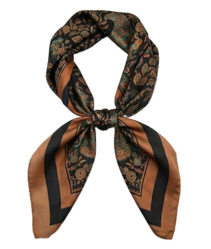 corciova Women’s Square Scarf 27.5 in (70 x 70 cm), Satin-Feel Polyester, Lightweight Fashion Scarf for Hair, Neck and Bag - color: Paisley Floral (Brown / Teal / Black)