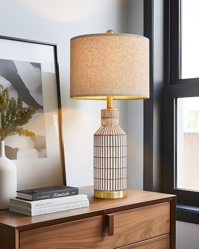 USumkky 25" Table Lamps Set of 2, Modern Ceramic Bedside Lamps - Farmhouse Brown Nightstand Lamps for Bedroom, Boho Living Room End Table & Office Desk Decor - color: Brown White