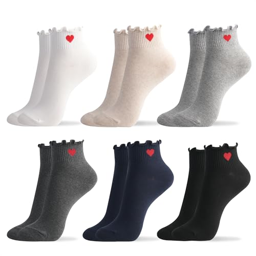 Womens Cotton Crew & Ankle Socks, Cute Floral Ruffle Colorful Tube Size 6-9 - color: Ruffle Heart