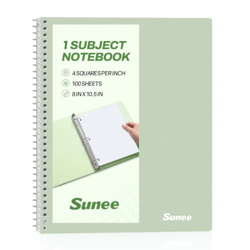 SUNEE Spiral Notebook, 1-Subject, Graph Ruled Paper, 8" x 10-1/2", 100 Sheets per Notebook, 3-Hole Punched Paper, Water Resistant Cover, Spiral Grid Notebooks for Work, Home, School, Writing, Green - color: Green