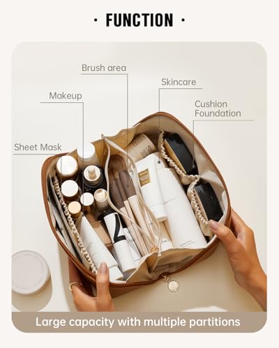 EACHY Travel Makeup Bag for Women, PU Leather Cosmetic Bag, Brown, Medium - color: A - Brown, size: Medium