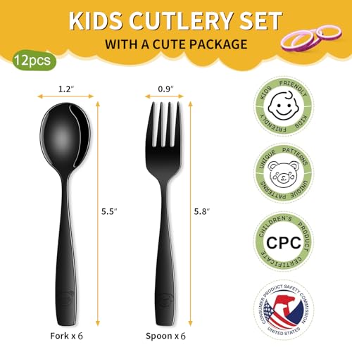 DEHOV Black Toddler Eating Utensils Set,Set Of 12 Food Grade Stainless Steel Silverware Sets For Kids,Dishwasher Safe Children Small Metal Spoons And Forks Flatware Sets - color: Black