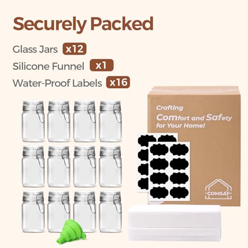 ComSaf Square Small 8 oz Glass Spice Jars with Airtight Lids 12 Pack Pantry - size: 8 fl oz x 12