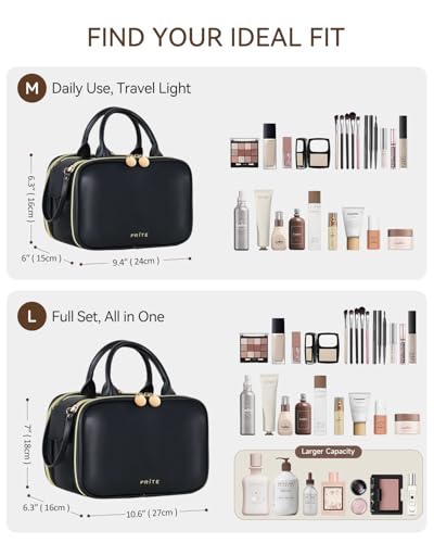 Prite Large Makeup Bag, Waterproof Travel Cosmetic Case with Brush Holder - color: Black, size: Medium