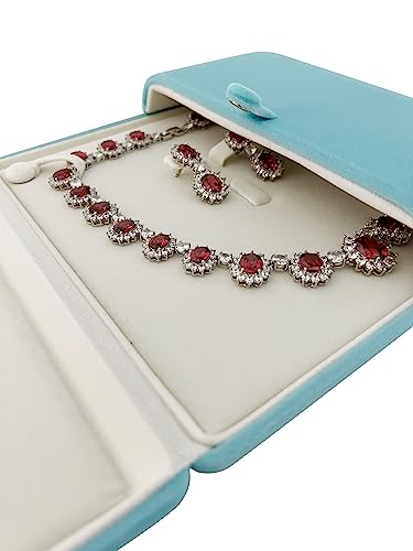 Premium Grade Aqua Velvet Jewelry Case Necklace Earrings Holder Presentation Box Anniversary Christmas Special Occasion Pearl Necklace Case - color: Large Necklace Earrings Set