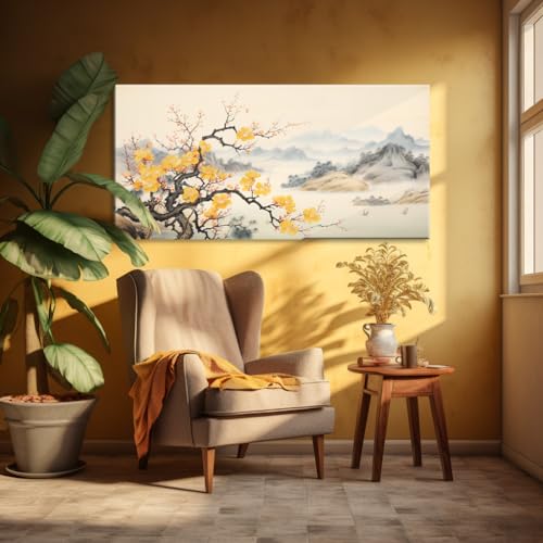 NAN Wind Asian Wall Art Traditional Chinese Painting Oriental Yellow Plum Blossom Canvas Pictures for Wall Decor Home decor for Living Room Cherry Blossom Decor Landscape Artwork Framed Ready to Hang - color: Yellow Blossom-One Piece, size: 32"L x 16"W