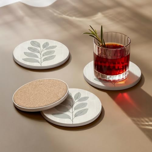 VEYRO Ceramic Coasters Set of 6 or 4 – Absorbent Stone Drink Coasters with Holder, Non-Slip Cork Backing, Modern Marble Look Coasters for Coffee Table, Desk & Home Decor (Leaves 3, Set of 4) - color: Leaves 3, size: Set of 4