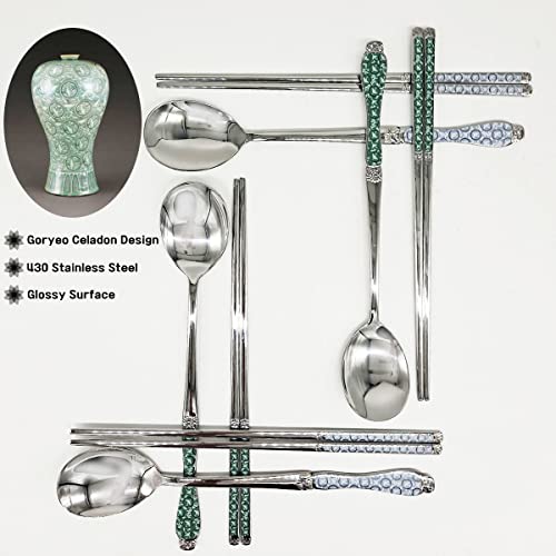 [Made in Korea] Goryeo Celadon Design Korean Table Sticky Rice Spoon and Chopsticks 430 Stainless Steel Glossy Surface Mukbang Cutlery (Blue, 5 Sets) - style: Blue, 5 Sets