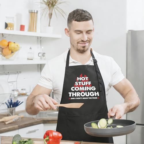 Funny Apron for Men Women,Humorous Kitchen Apron- Grilling Cooking BBQ Accessories, Gift for Dad Husband - color: Hot Stuff Coming Through