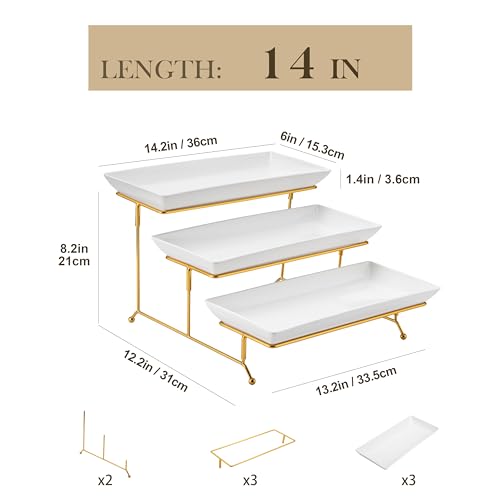 MALACASA 3 Tier Serving Trays for Party, 14 Inch Porcelain White Trays for Serving Food, Dessert Stand with Collapsible Gold Metal Rack - color: White Gold, size: 14 Inch