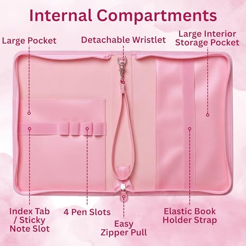 Large Bible Cover Case for Women - Faux Leather Bible Study Organizer Bag with Complete Journaling Kit & Accessories, Pink Floral with Zipper Closure