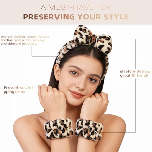 Ayesha Spa Headband and Wristband Set for Washing Face Skincare Makeup - color: leopard set