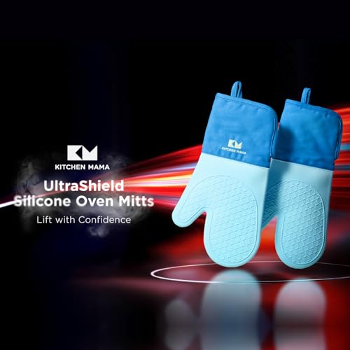 Kitchen Mama UltraShield Silicone Oven Mitts, Blue - color: Blue