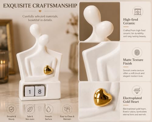for Couples & Parents, Modern Ceramic Couple Sculpture with Fixed Gold Heart, Abstract Embrace Figurine Displays Anniversary Years 01-98, Wedding Home Decor, 7.3 Inch - size: Hug-7.28"