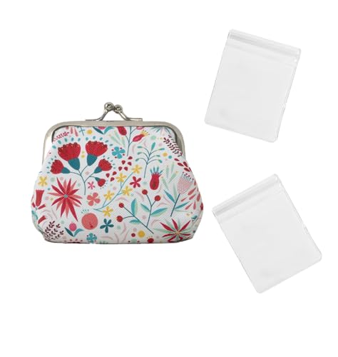 BenePoint Coin Purse for Women, Mini Purse Change Purse Coin Pouch with Kiss Clasp Lock& 2 Clear Jewelry Bags, Floral PU Leather Coin Purses Small Pouches for Cash and Jewelry (red) - color: red