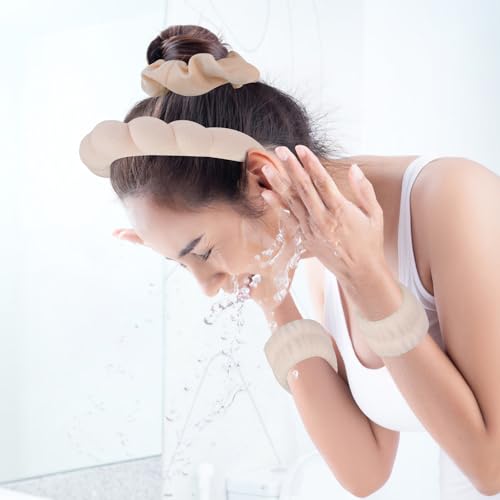 SuPoo 6pcs Khaki Spa Headband Set - Sponge Face and Makeup Headbands, Wristbands, Terry Cloth Hair Ties - Cute Puffy Skincare Gifts for Teens - color: 6pcs-khaki