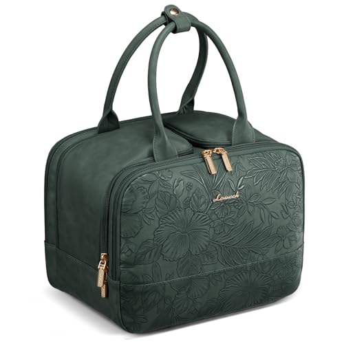LOVEVOOK Travel Toiletry Bag for women, Leather Large Wide-open Makeup Bag, Waterproof Cosmetic Bag Organizer for Shower, Traveling, Toiletries, Bathroom - color: Embossed Green
