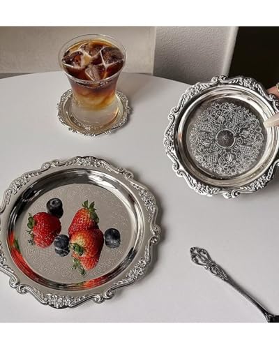 Round Decorative Tray 7.9in Metal Dessert Plates Vintage Coffee Table Tray for Snacks Fruit Silver - color: Silver, size: 7.9"