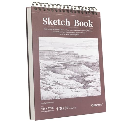 Crehatos 9" x 12" Sketch Book, Top Spiral Bound Sketch Pad, 100 Sheets 68lb/100gsm Drawing Paper, 1 Pack - size: 9" x 12" (1 Pack)