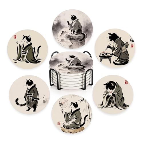 Nikyi 6 Pcs Japanese Cat Art Ceramic Drink Coasters, Absorbent Round Coaster with Cork Base & Metal Holder, Asian Ink Art Coasters Perfect for Coffee Table Office Home Decor & Housewarming Gifts - color: Japanese Cat Art