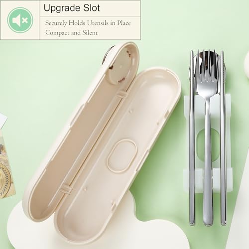 DEVICO Travel Utensils with Case Cute, Reusable Silverware for Lunch, 4Pcs Portable Cutlery Set, 18/8 Stainless Steel Fork Spoon Chopsticks in Cartoon Case, Dishwasher Safe (Light Yellow) - color: Light Yellow