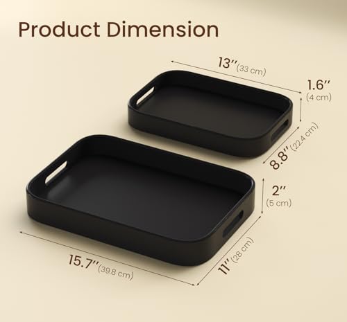 Bamboo Set of 2 Rounded Corners Serving Trays with Handles(Black) - color: Black