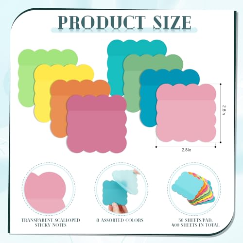 Eaasty 400 Sheets Transparent Sticky Notes 8 Pads Scalloped, Bright Colors - color: Bright Colors