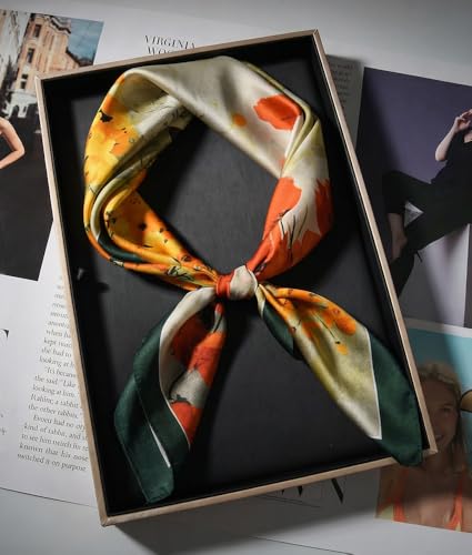 corciova Women’s Square Scarf 27.5 in (70 x 70 cm), Satin-Feel Polyester, Lightweight Fashion Scarf for Hair, Neck and Bag - color: Floral (Orange / Green / Yellow)
