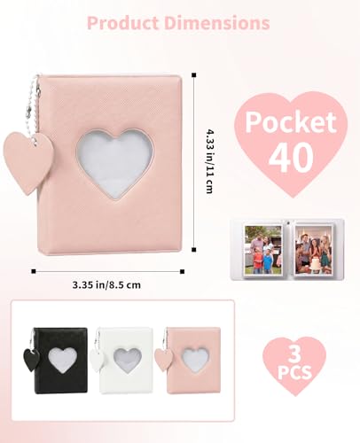 3 Pcs Mini Photocard Binder, 3 Inch Mini Photo Album Holder Book, 3 Colors Heart Hollow Card Collection Binder with 40 Pockets