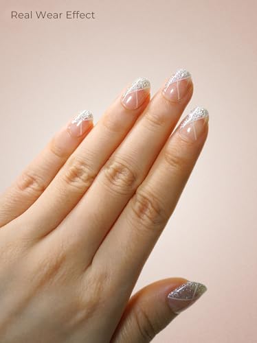 Real Gel Nail Strips (No UV Light Needed) - 44Pcs Salon Quality Nail Stickers - Long Lasting Polish Wraps for Women, Easy Apply & Remove (Nude Veil Silver) - color: Nude Veil Silver