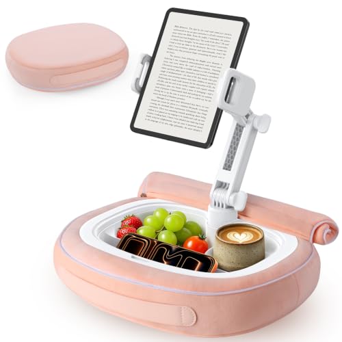 RIWUCT Tablet Pillow Stand for Bed, [Adjustable & Stable] Kindle Holder for 5-12.9" Phone/iPad/Tablet/E-Reader with 360° Rotating Clip & Snack Bowl, for iPad Stand Hands-Free Reading on Bed/Sofa, Pink - color: Pink