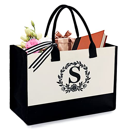 BeeGreen Embroidery Monogram Initial Tote Bag for Women Teacher Mom Friend Personalized Gift for Birthday Beach Work Wedding - color: Black With Natural, style: S