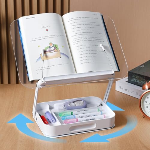 ZOEY Acrylic Book Stand for Reading Adjustable Book Holder with 360 Rotating Base and Storage Foldable Desktop Riser Stand for Cookbook Laptop Tablet Textbook Music Score with Page Clip 13.4x9.3x2.8in - color: Alloy, size: Large