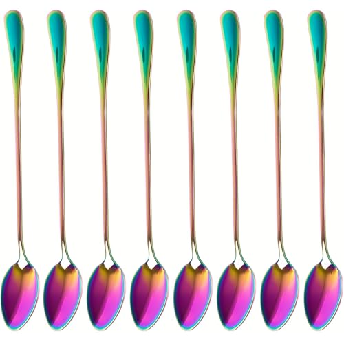 Long Handle Iced Tea Spoons, 18/10 Stainless Steel Cocktail Stirring Spoons with Thickened Ergonomic Handle, Tall Coffee & Latte Stirrers, Dessert Spoon Set, Dishwasher Safe - color: iridescence 7.5 IN, size: pointed