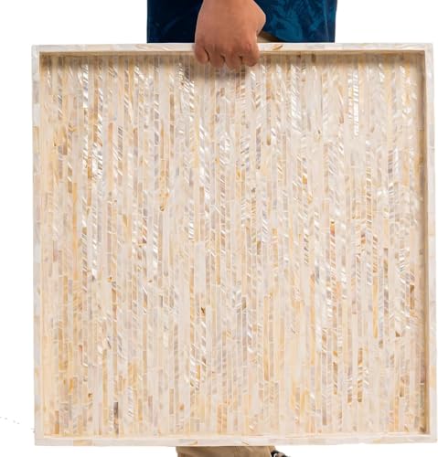 PEMAR 20x20 Mother of Pearl Ottoman Tray, Decorative Tray with Handles - color: White Cream