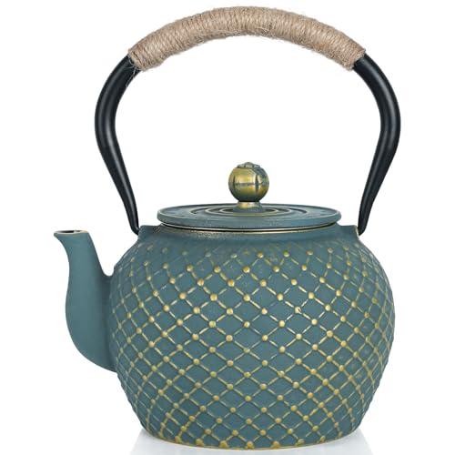 Ufine Cast Iron Teapot for Stove Top with Stainless Steel Infuser - color: Blue Grid