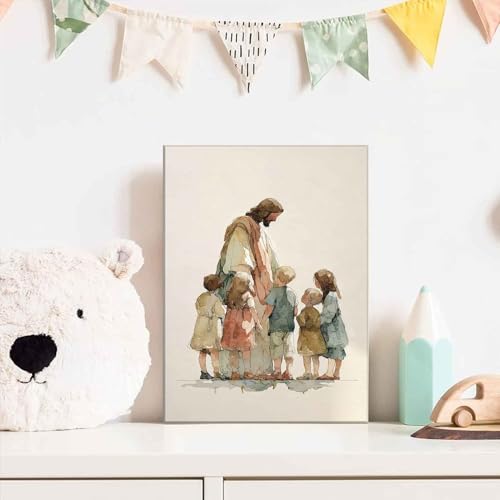 Jesus Children Canvas Wall Art Watercolor Jesus Child Painting Decor Pictures Nursery Christian God Posters Prints for Dining Living Prayer Room Kitchen Church Wall Bedroom Decoration - color: watercolor, size: 16"L x 12"W