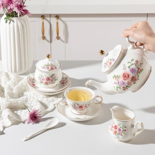 Sweejar Porcelain Tea Set Vintage Floral, British Relief Gold Rim Teapot Cup and Saucer Sets, 22-Piece Tea Sets for Adults, with Teapot, Sugar Bowl, Milk Jug, Spoons, Cup and Saucer (Rose Flower) - color: Rose Flower