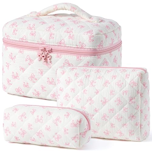 HBselect Quilted Makeup Bag, 3Pcs Cotton Large Travel Makeup Bags Organizer - color: A-3PCS-Floral 18