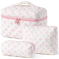 HBselect Quilted Makeup Bag, 3Pcs Cotton Large Travel Makeup Bags Organizer - color: A-3PCS-Floral 18