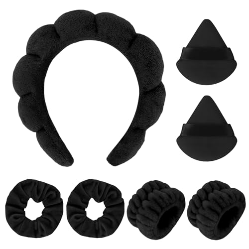 7Pc Headband and Wristband Set for Skincare, Face Washing, Makeup Removal - Includes Terry Cloth Headbands, Facial Sponges, and Powder Puffs in Black - color: Black