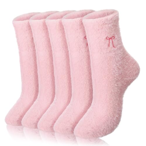 Geyoga 5 Pairs Fuzzy Bow Socks for Women Fluffy Slipper Gift - color: Pink