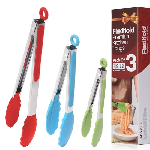 Stainless Steel Kitchen Tongs Set, 3 Pack with Silicone Tips - size: Pack of 3 Multi-Color (7", 9" & 12")