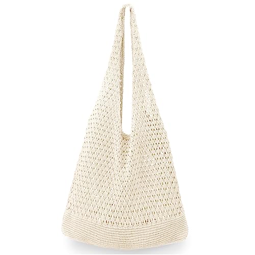 hatisan Crochet Bag for Women, Handmade Knit Beach Tote Bag Summer - color: Beige